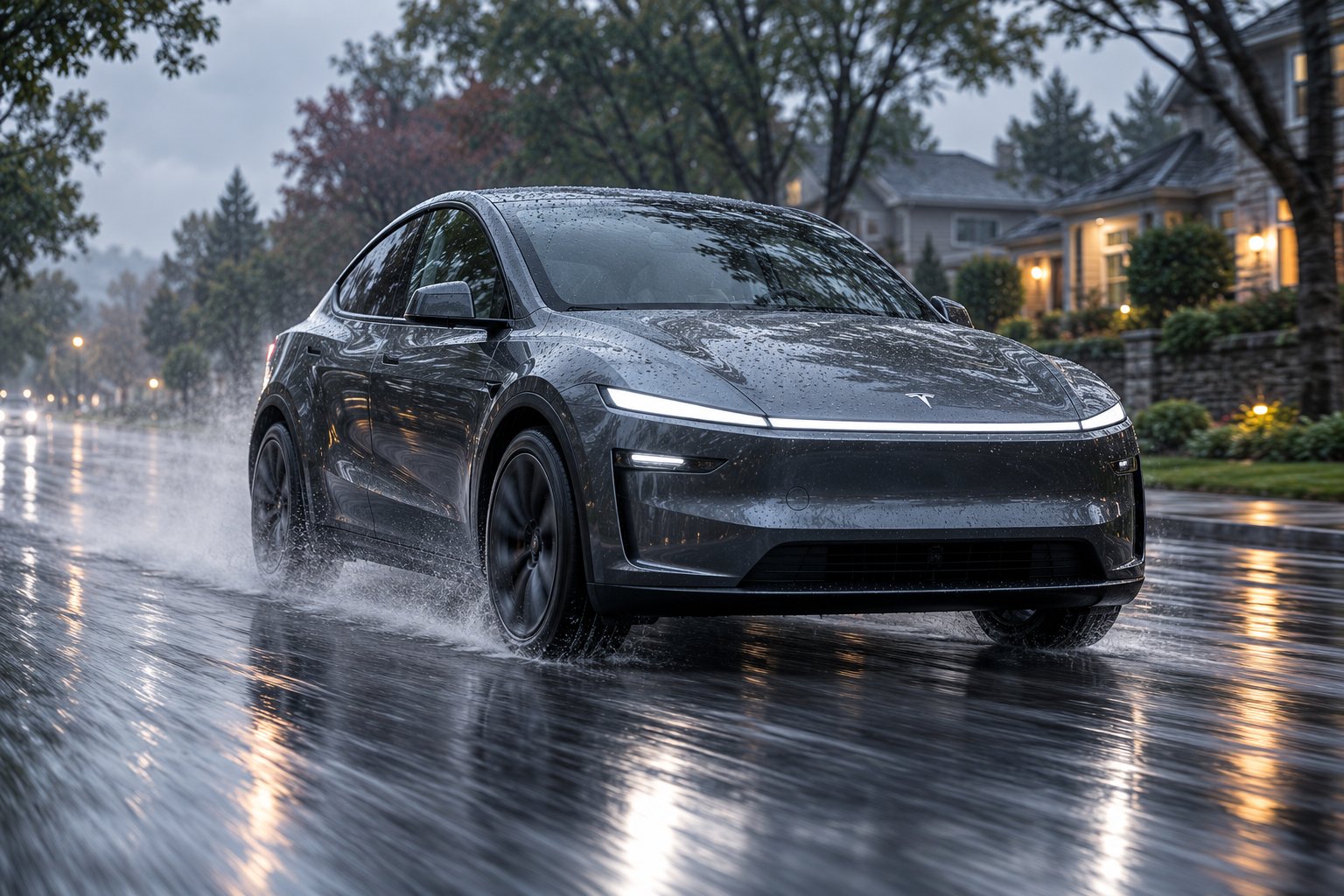 mud flaps deflecting road spray during rainy driving conditions on the model y juniper