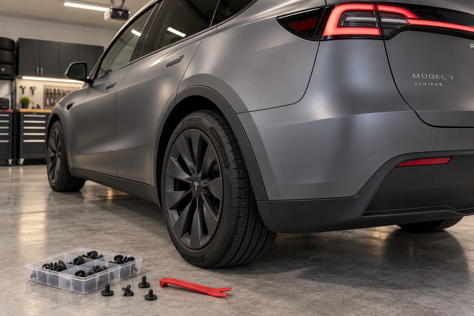 tesla model y juniper ready for a beginner friendly mud flap installation in a home garage