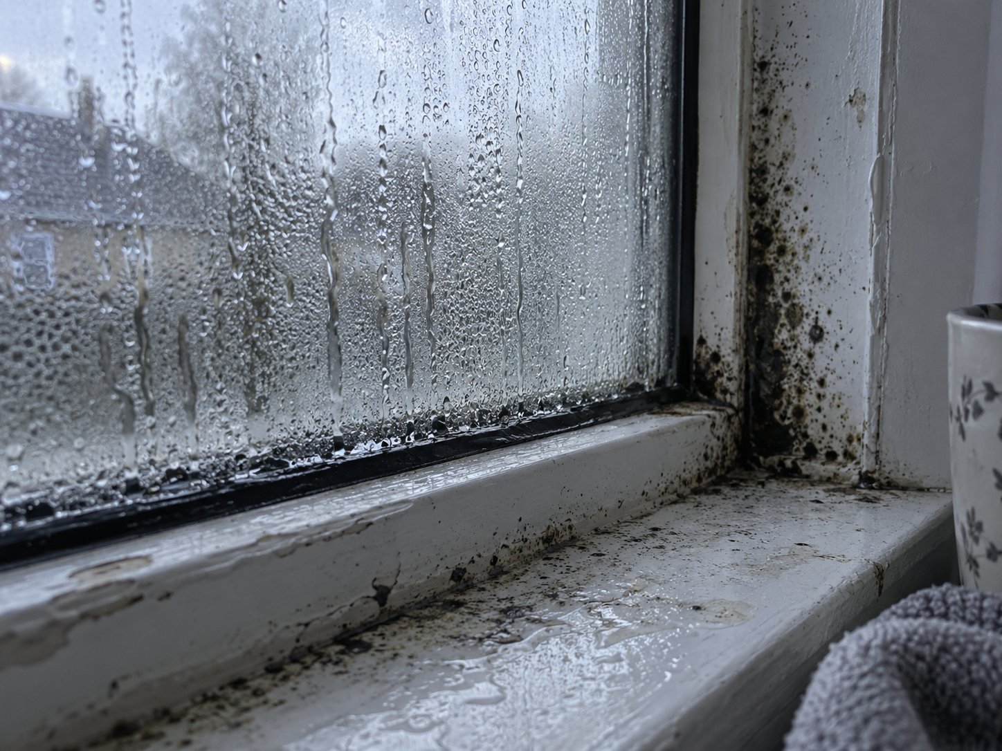 condensation and mould forming on a window sill and seal during cold weather