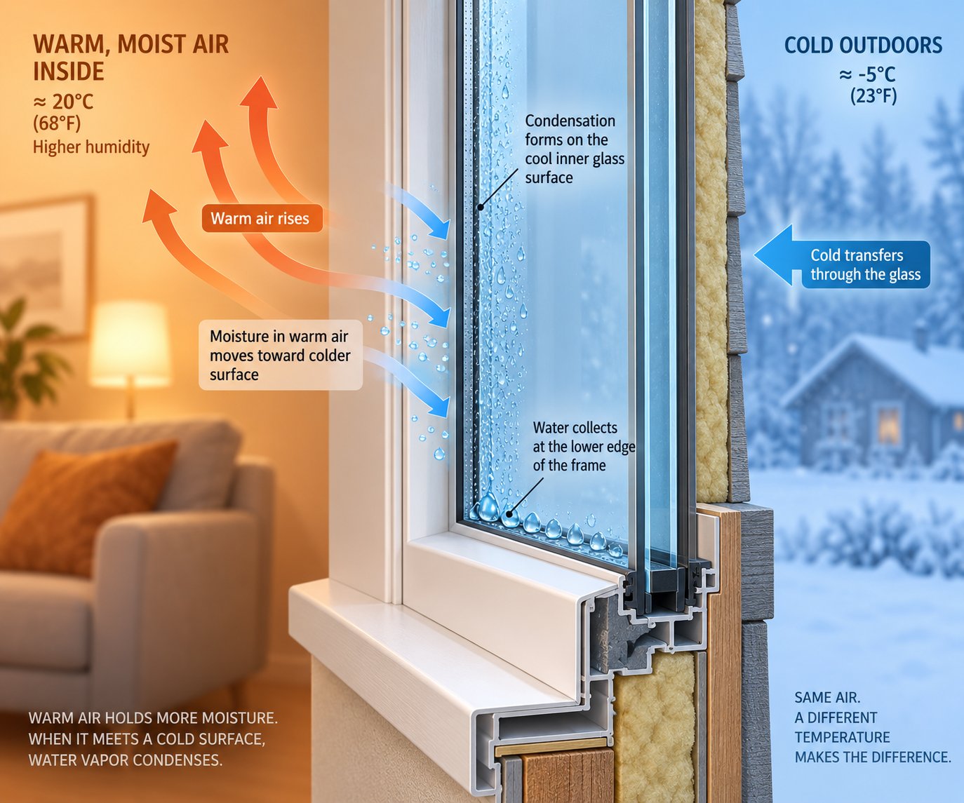 how warm indoor air creates condensation when it meets cold window surfaces
