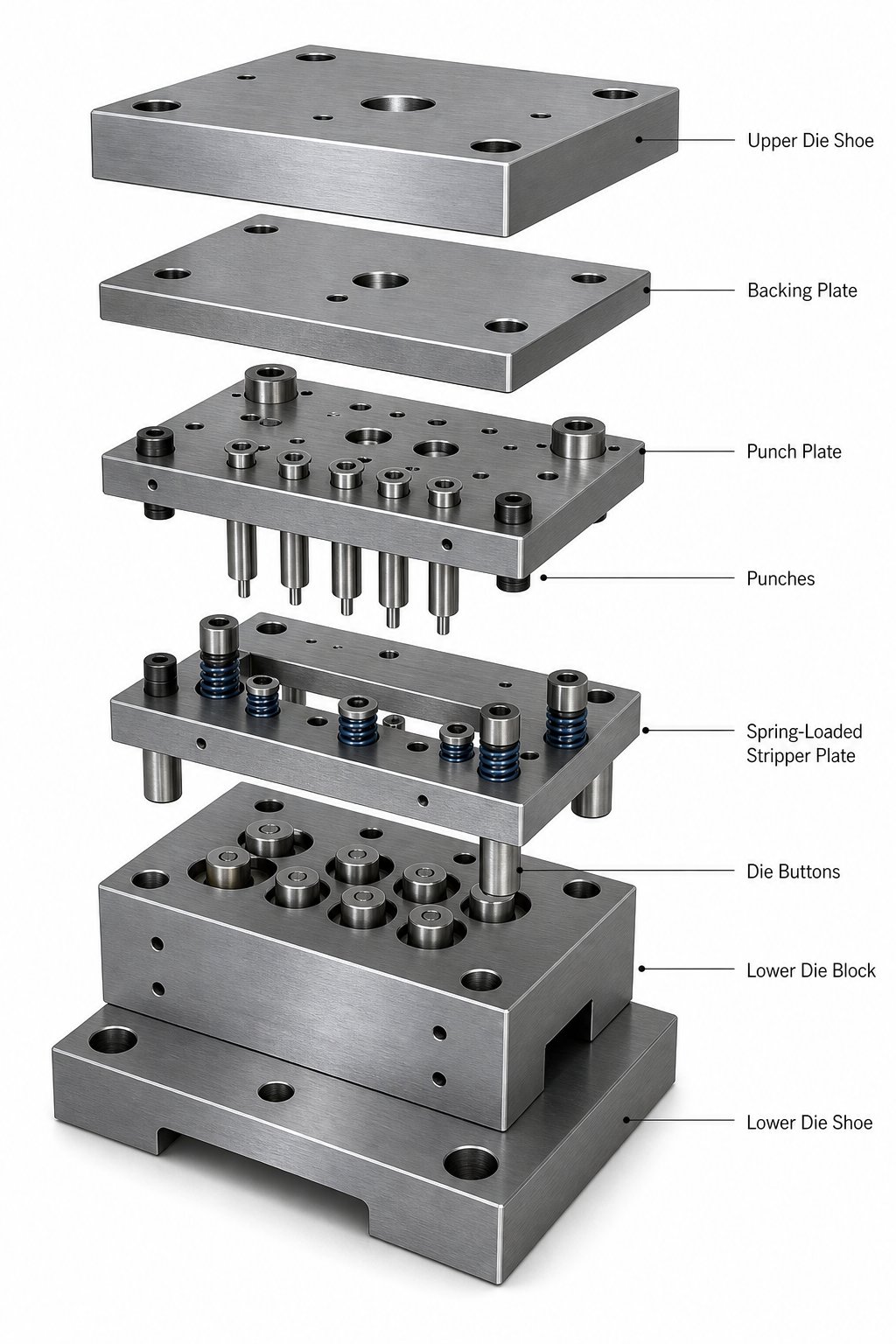 info-1-1 exploded view of stamping die components including die shoes punches stripper plate and die buttons