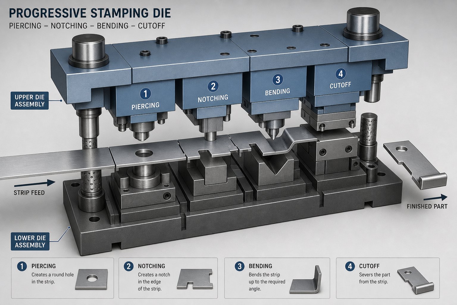info-1-1 progressive die stations performing sequential operations on a metal strip from piercing through final cutoff