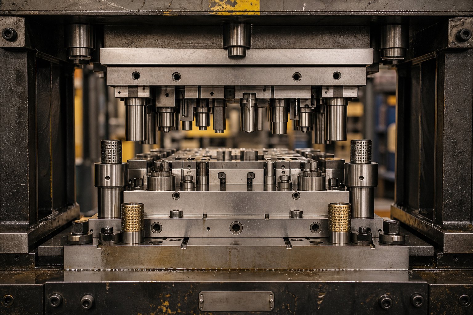 info-1-1 progressive stamping die assembly showing precision machined punches guide pins and die buttons ready for production