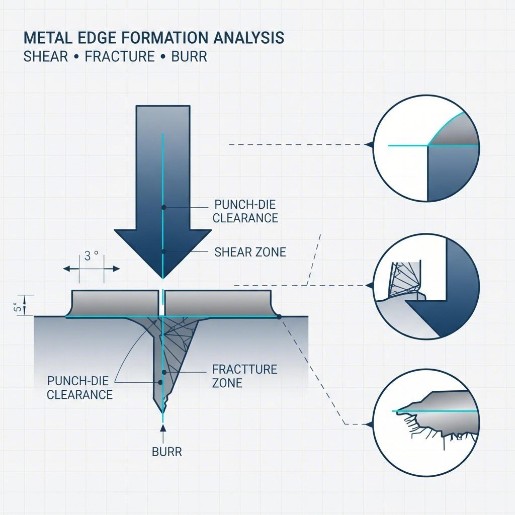 Cross section analysis of a sheared metal edge showing cut zones