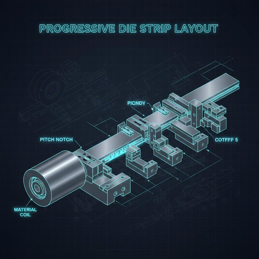 Progressive die strip layout showing pitch notches for alignment