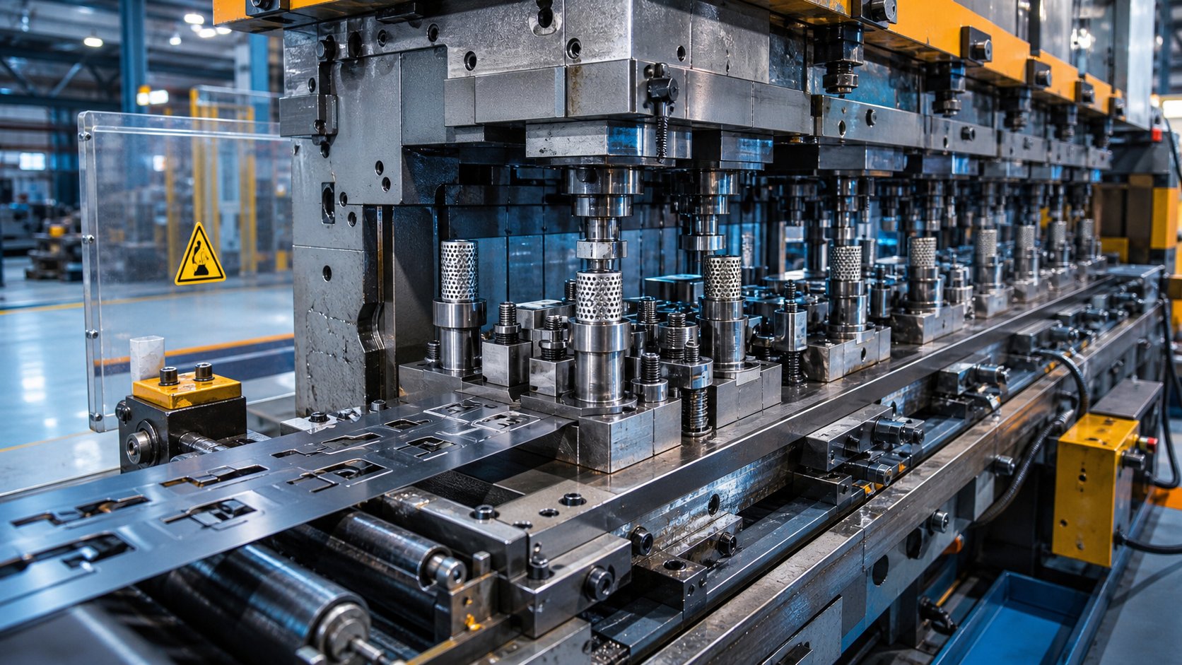 info-1-1 a progressive die stamping press advancing metal strip through sequential stations to produce finished parts at high speed