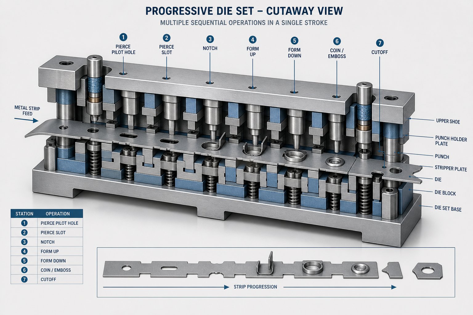 info-1-1 sequential workstations inside a progressive die transform flat metal strip into finished parts with each press stroke