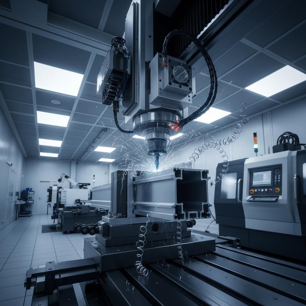 cnc machining center performing precision secondary operations on aluminum extrusions