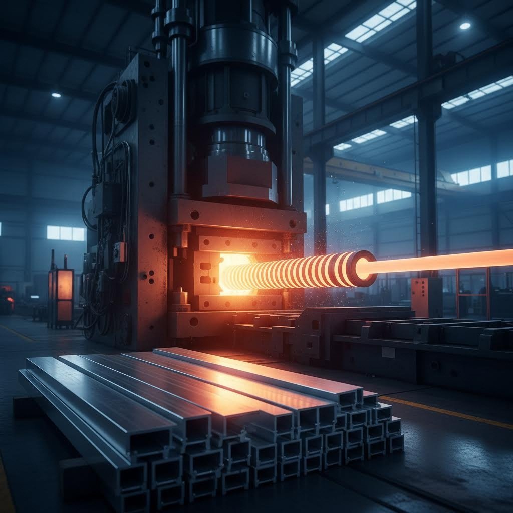 custom aluminum extrusion manufacturing process with heated billet and finished profiles