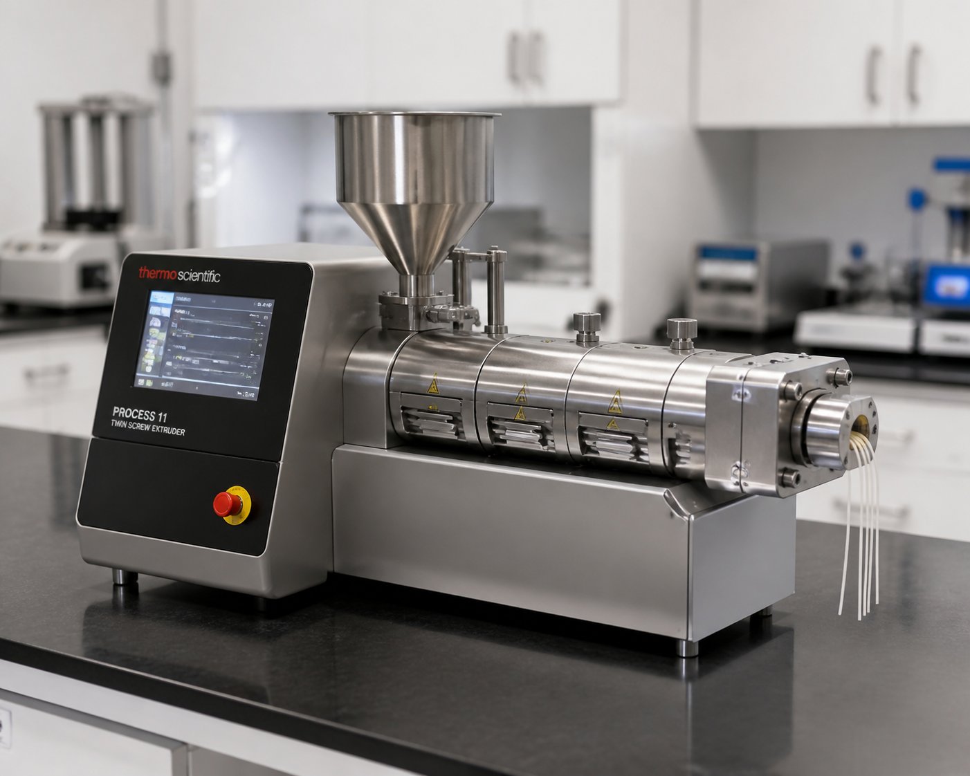 a lab scale twin screw extruder on a research benchtop designed for small batch formulation development and process optimization
