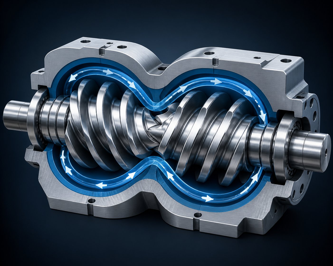 cutaway view of intermeshing twin screws showing the figure eight flow path that drives superior mixing and self wiping action