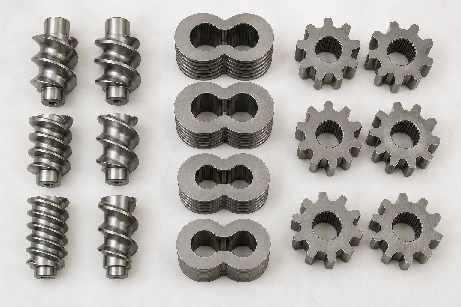 modular screw elements including conveying segments kneading blocks and mixing elements that researchers rearrange for different experiments