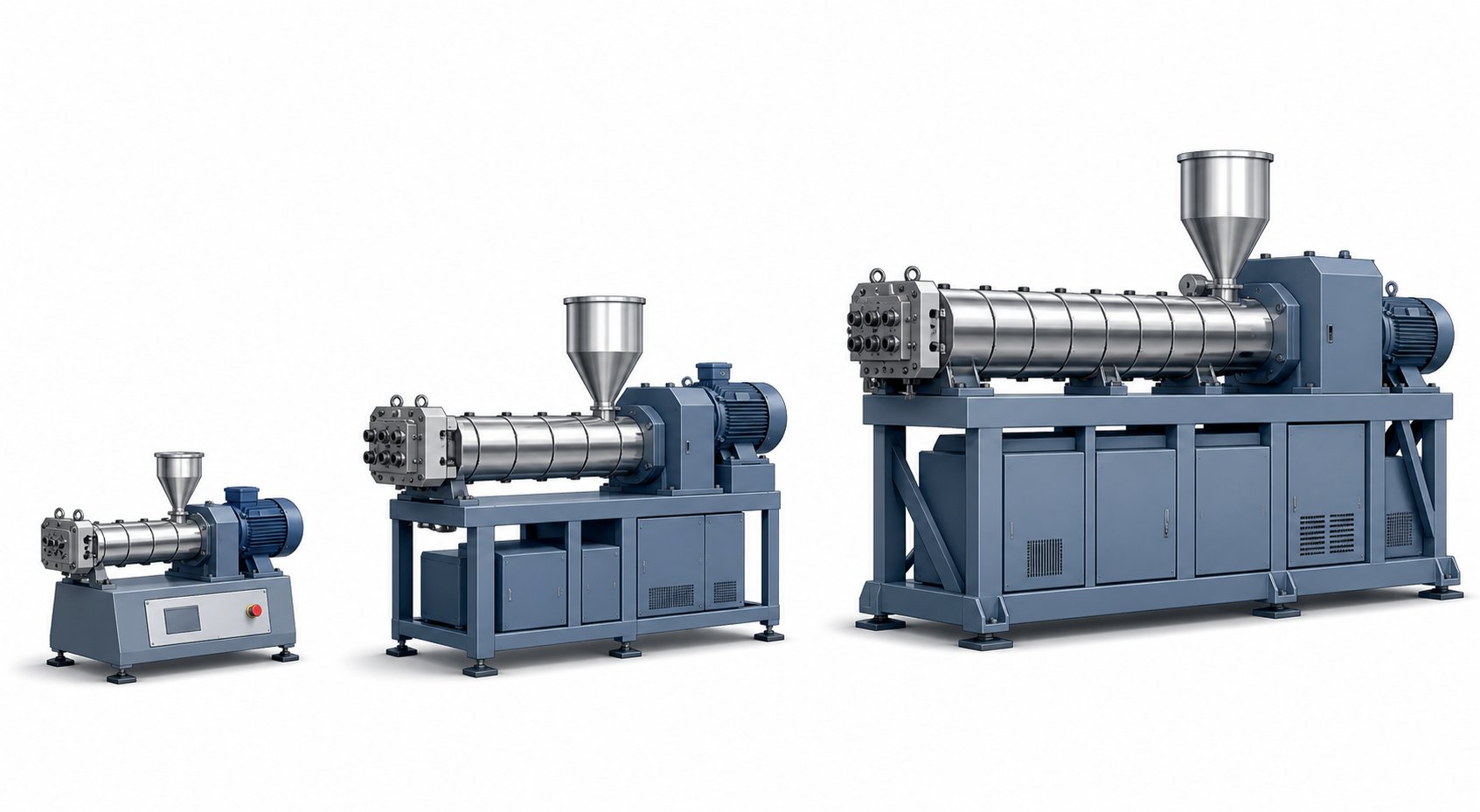 visual comparison of lab pilot and production scale twin screw extruders showing the progressive increase in size and throughput capacity
