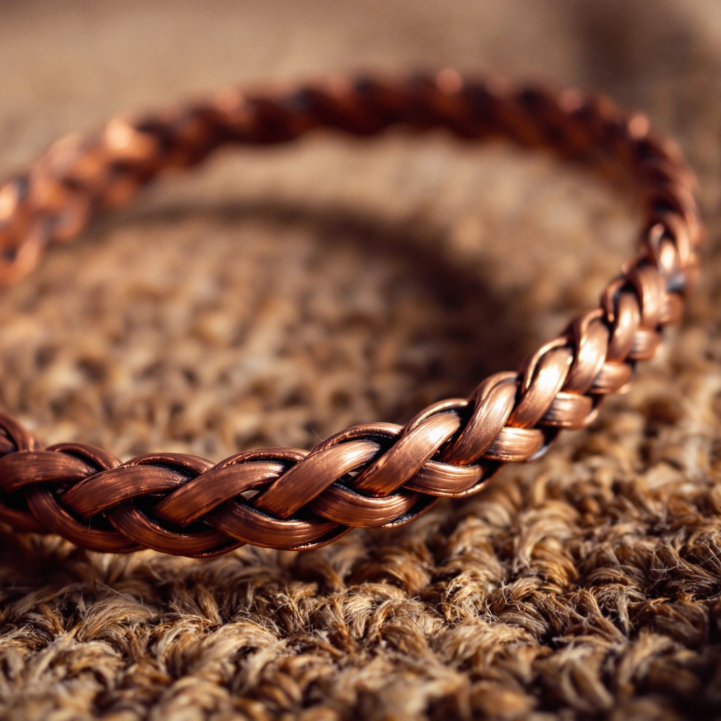 braided copper bangle showing its artisan weave and warm finish