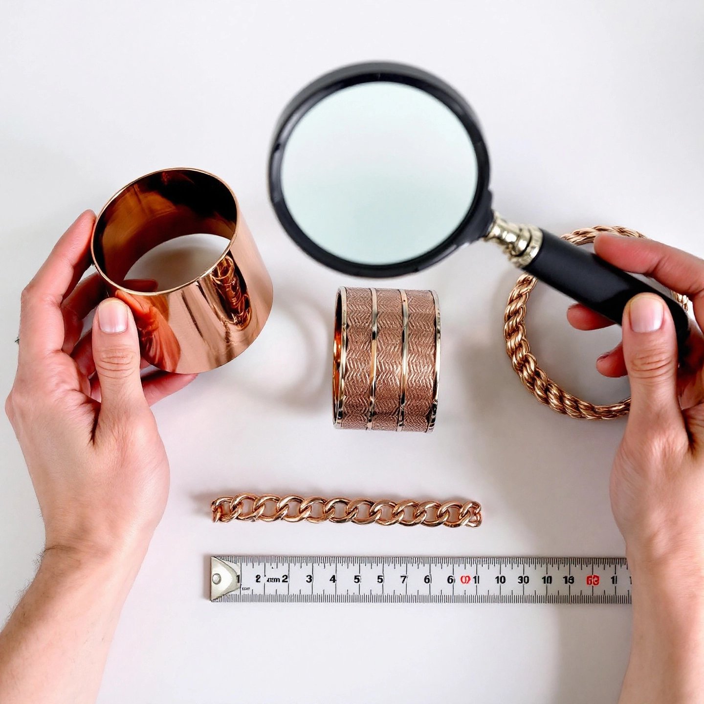 hands inspecting various copper bracelets for quality and fit