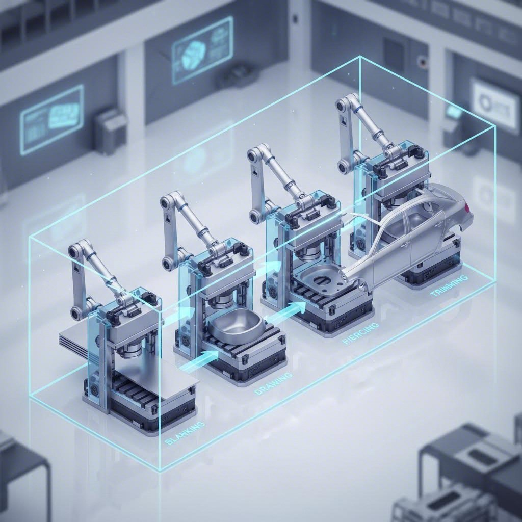 Step by step workflow of a Transfer Die line producing large automotive structural components