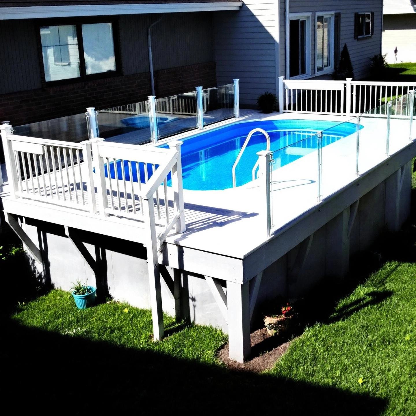 custom aluminum deck designed for an above ground pool with safe access
