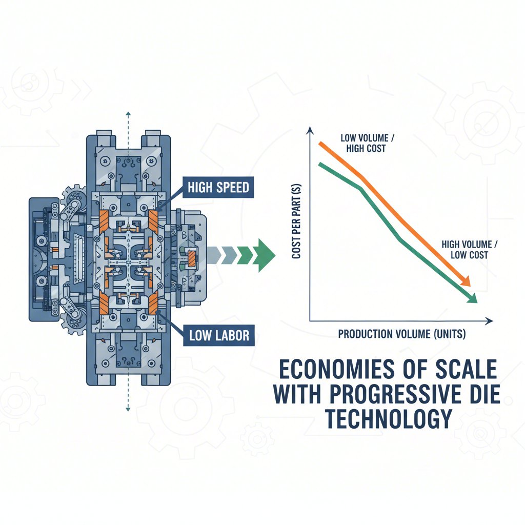 diagram illustrating the cost effectiveness of progressive die stamping for high volume runs