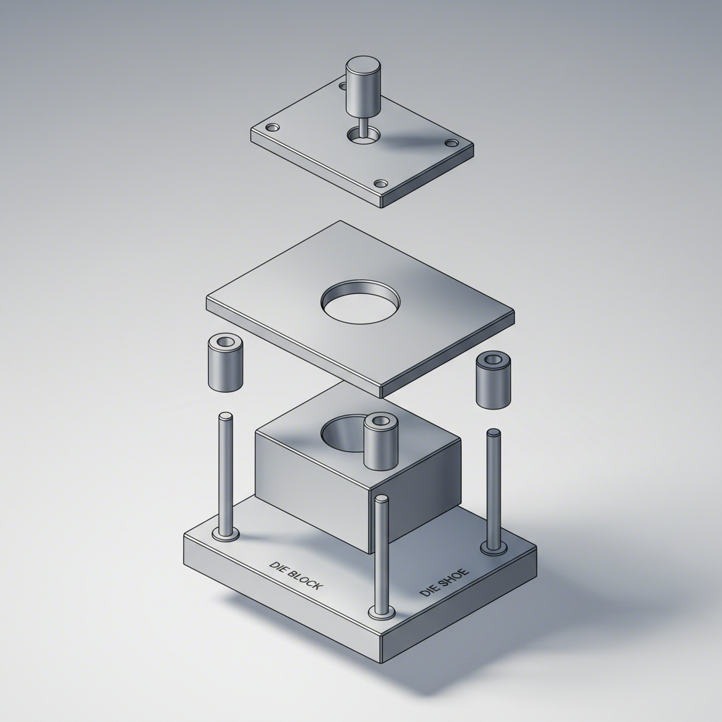 diagram showing the primary components of a typical trimming and piercing die set assembly