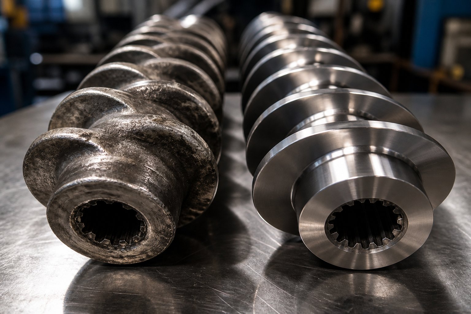 comparison of new and worn twin screw extruder screw elements illustrating the impact of metallurgy on service life
