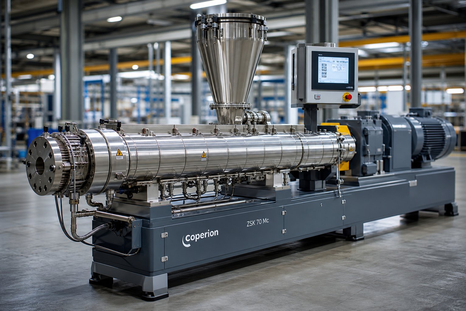 industrial twin screw extruder machine on a modern factory floor highlighting barrel assembly and drive components