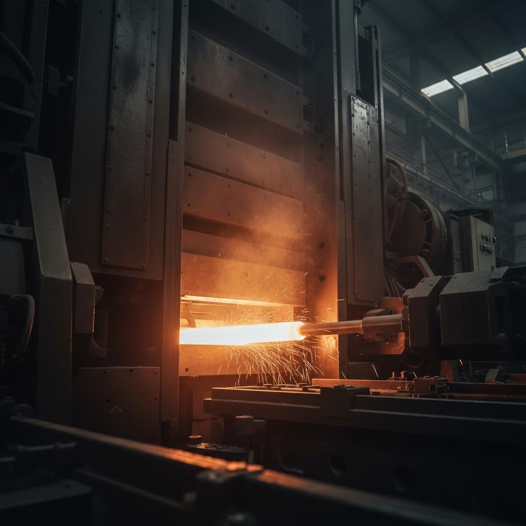 hot aluminum alloy being extruded through a precision die into a finished profile