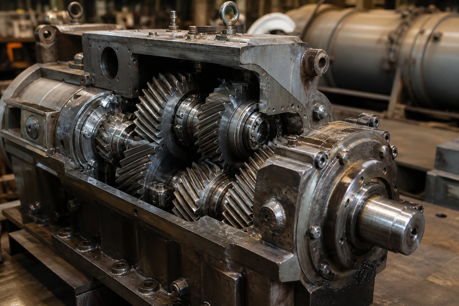 an extruder gearbox with exposed helical gear stages and thrust bearing assembly %E2%80%94 the critical link between motor and screw in any extrusion line