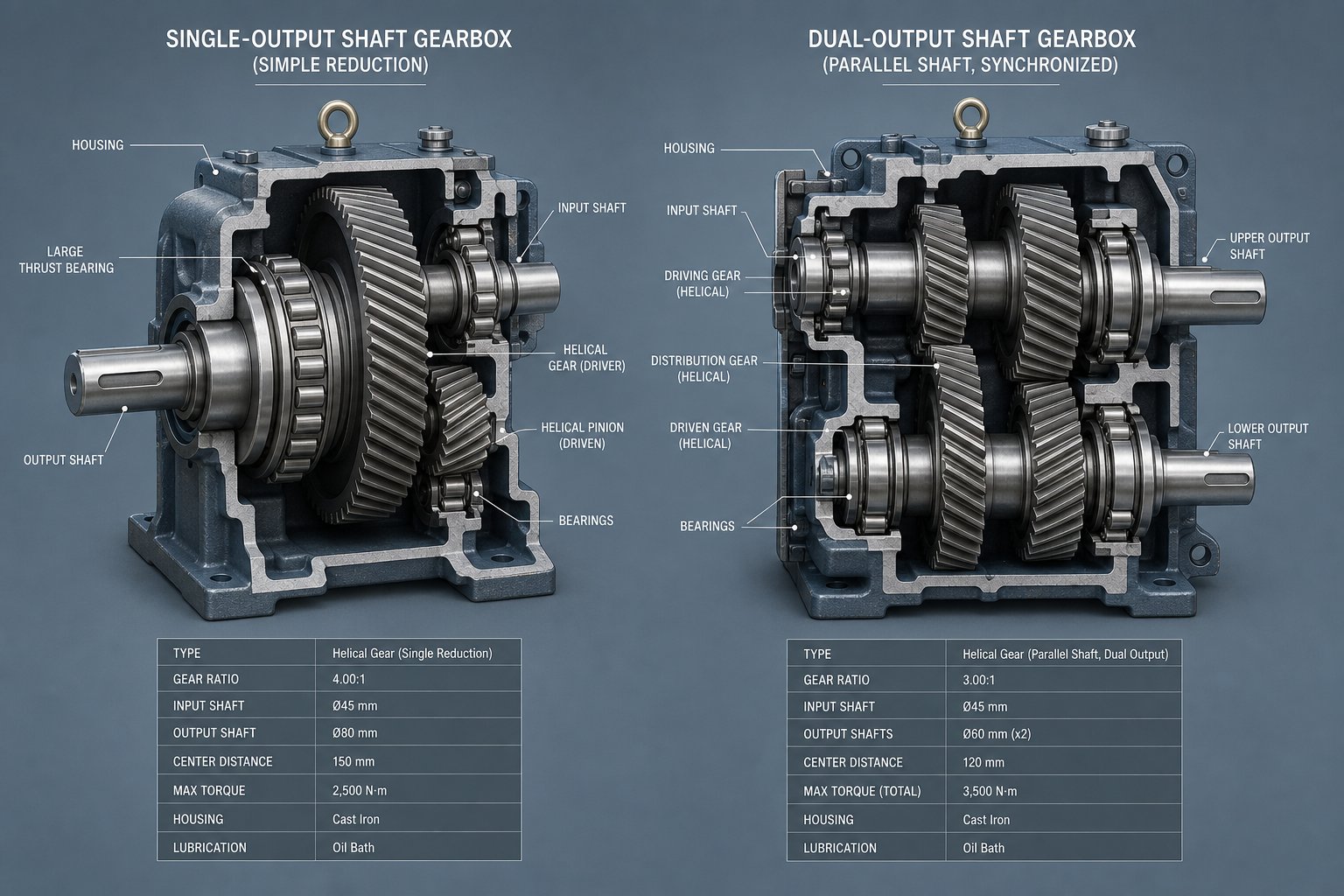 cutaway comparison of single screw and twin screw extruder gearbox layouts showing the added complexity of synchronized dual output shafts