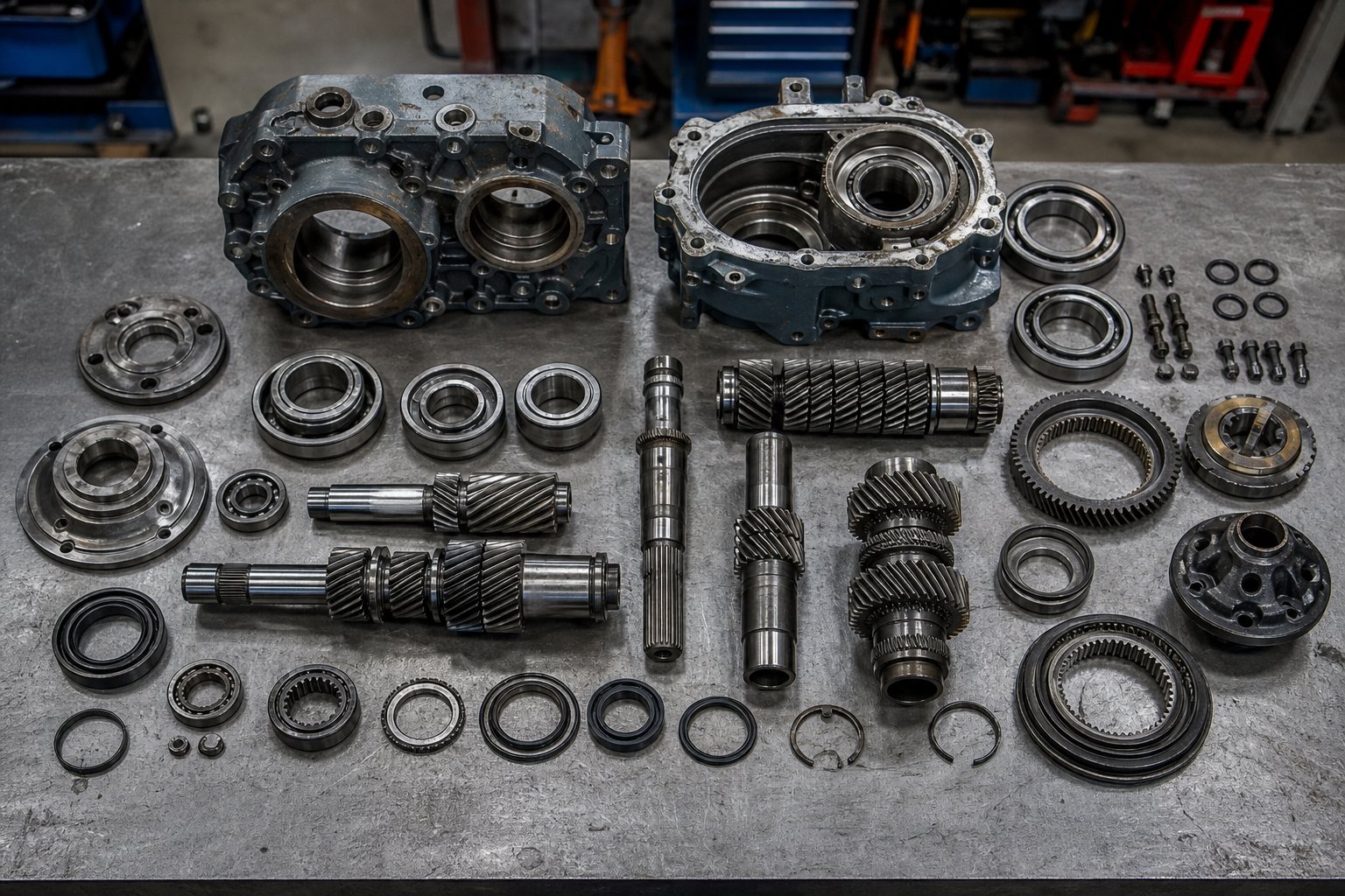 disassembled extruder gearbox components laid out for inspection during a repair or replace evaluation