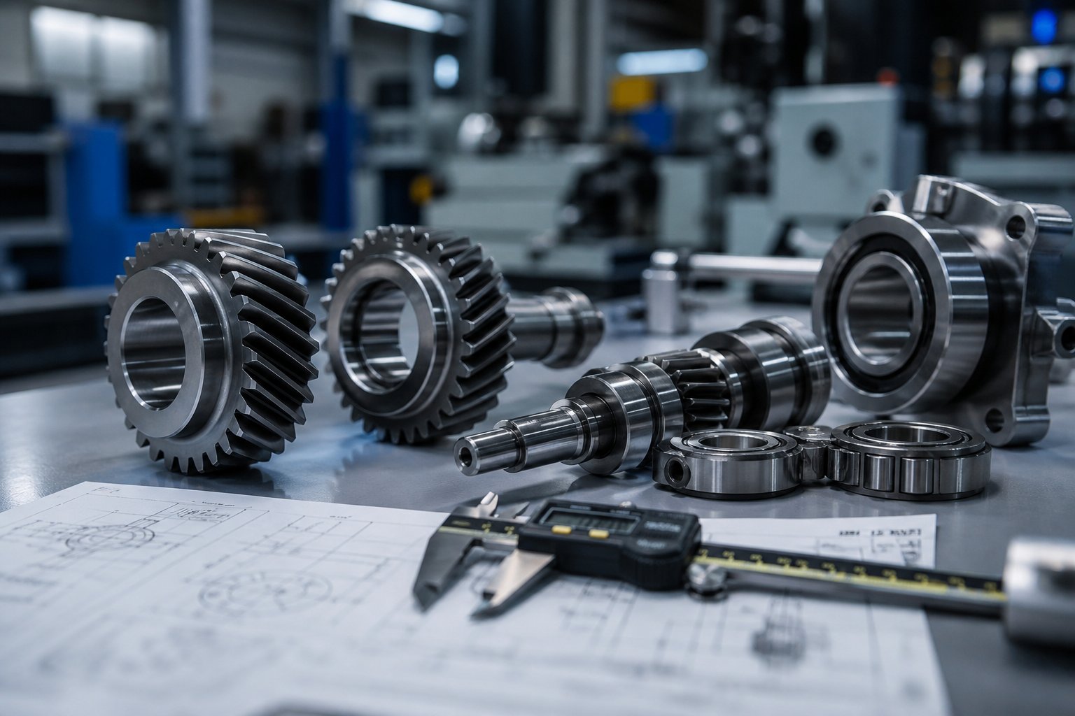 precision manufactured extruder gearbox replacement parts staged alongside engineering drawings during quality inspection