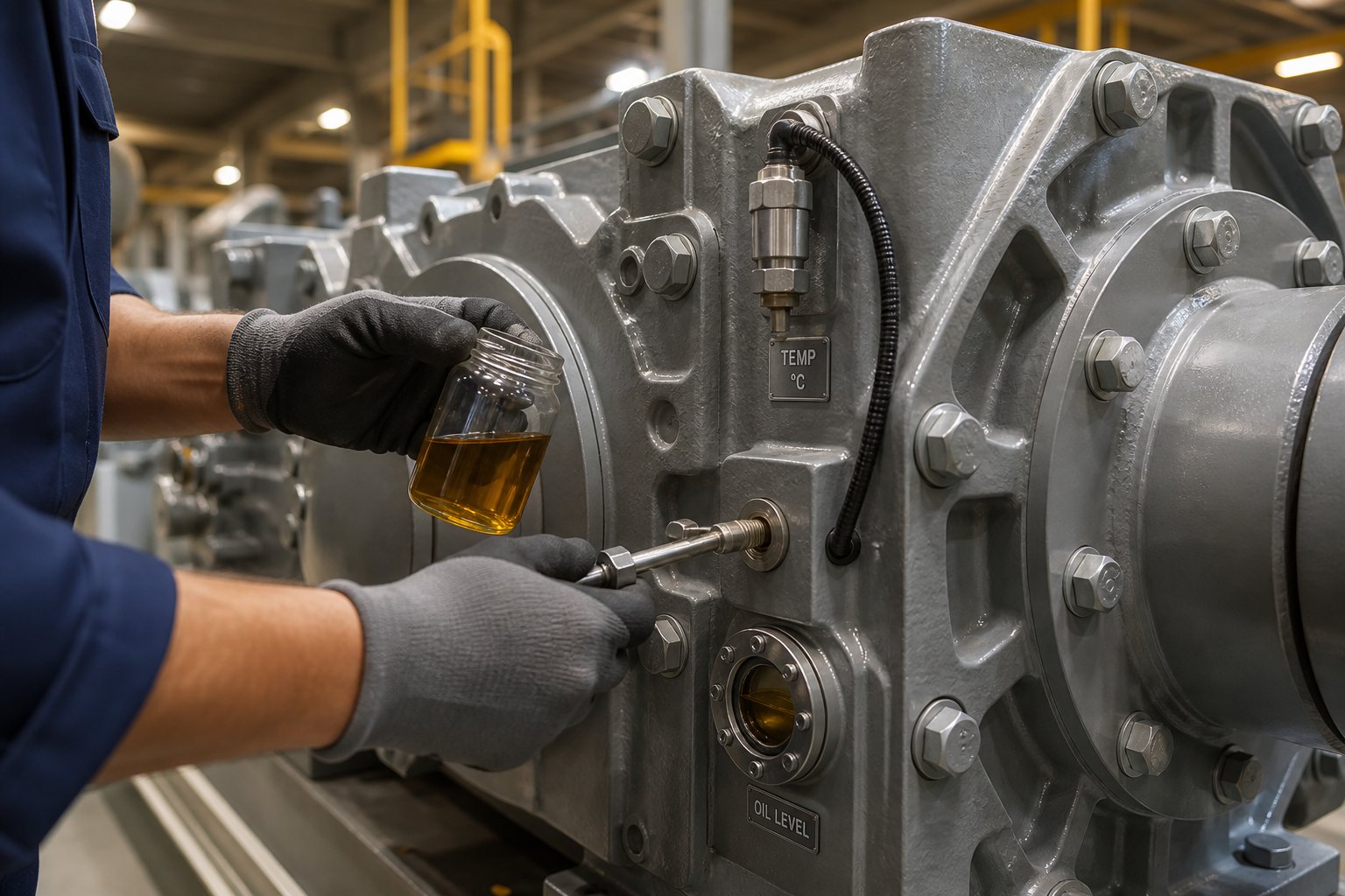 technician collecting a gearbox oil sample for laboratory analysis %E2%80%94 a key step in predictive maintenance for extruder gearboxes