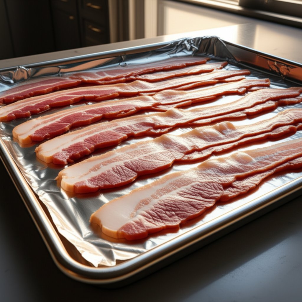 bacon strips arranged on a foil lined baking sheet ready for oven cooking