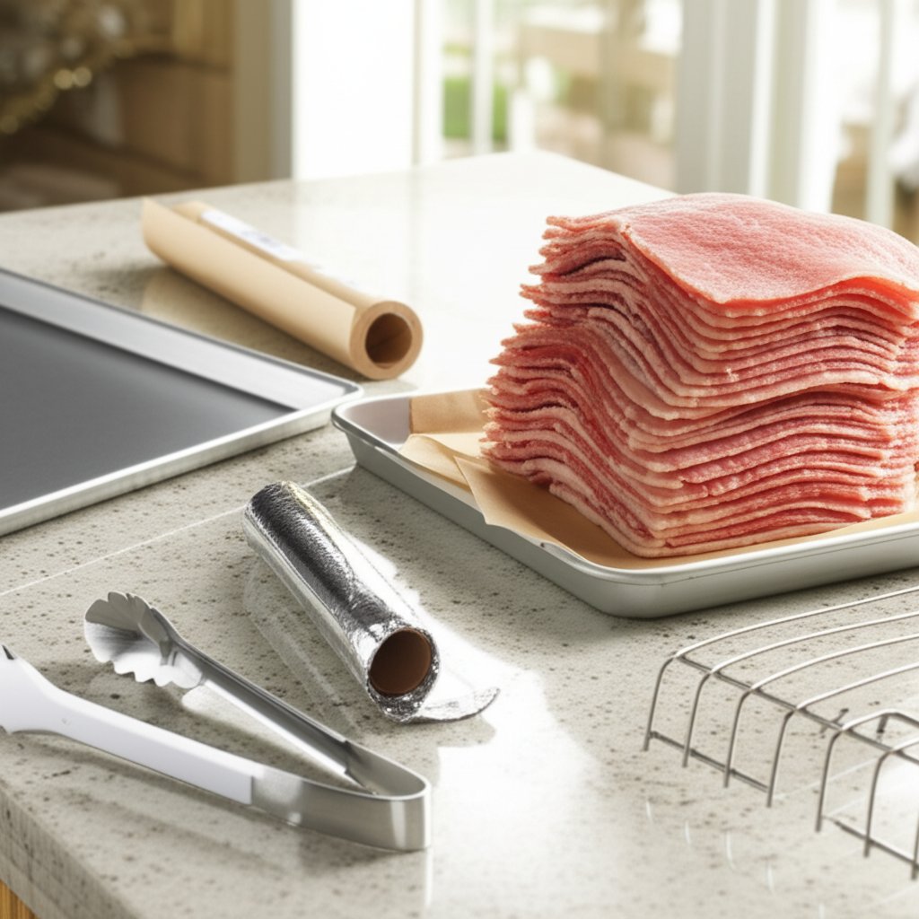 essential tools and ingredients for preparing bacon in the oven with aluminum foil