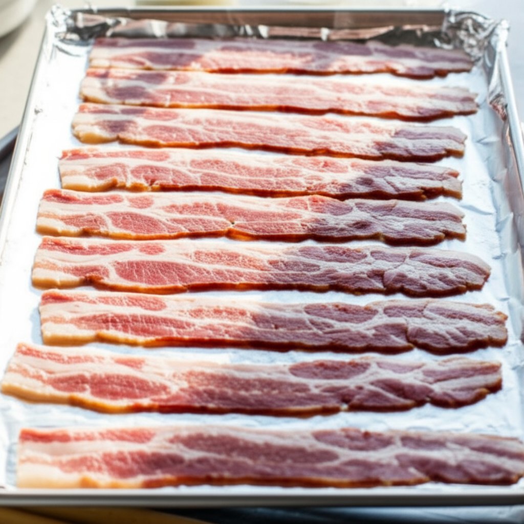 properly arranged bacon strips on foil for even oven cooking