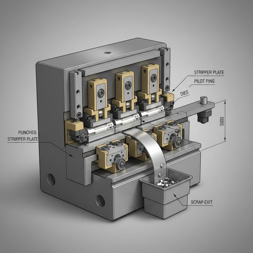 progressive die cross section showing multi station stamping operations