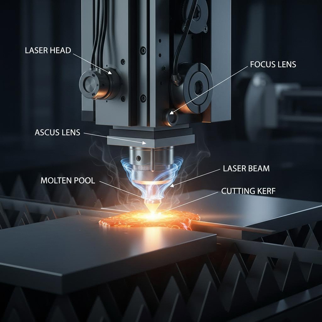 laser cutting head with assist gas nozzle during steel processing operation