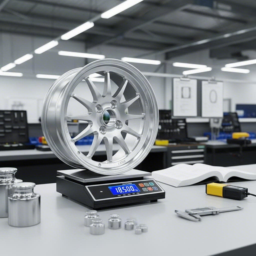 precision scale measurement setup used for verifying forged wheel weight specifications
