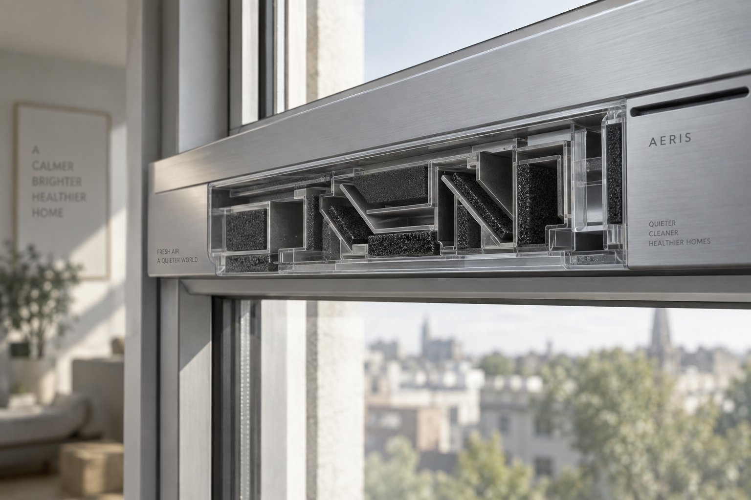 acoustic trickle vent with internal baffles and sound absorbing linings mounted on a window frame