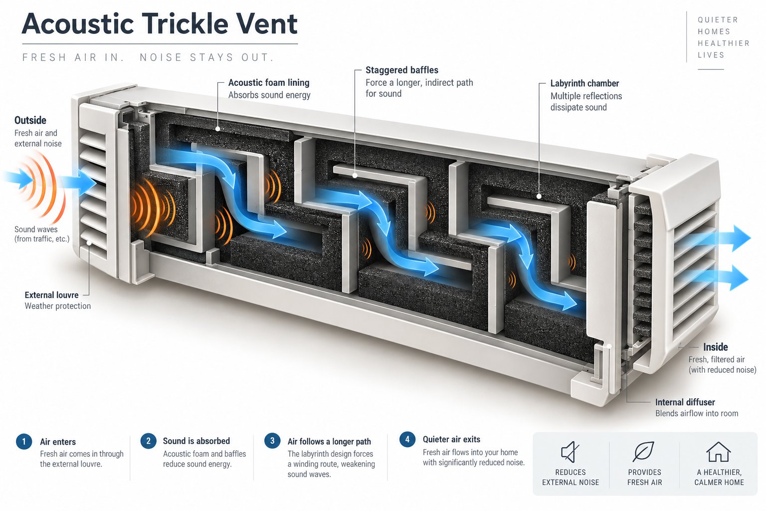 cross section view showing how a tortuous airflow path and internal baffles attenuate sound inside an acoustic trickle vent