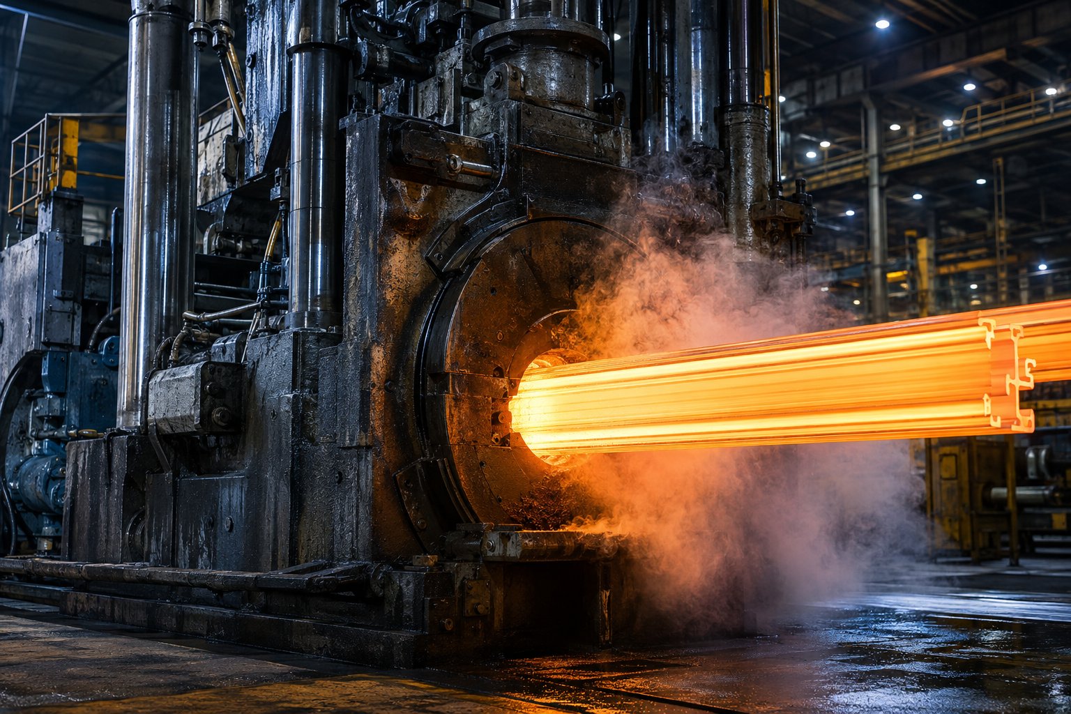 hydraulic extrusion press forcing heated aluminum through a precision die