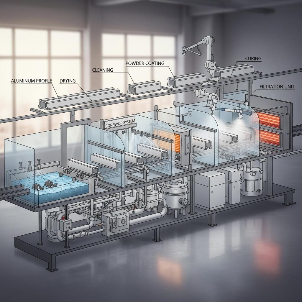 multi stage powder coating production line for aluminum extrusion processing