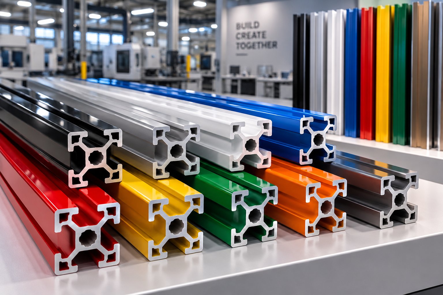 powder coated aluminum extrusions showcasing diverse color options and premium finish quality
