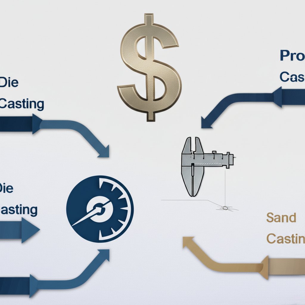 infographic showing the trade offs between die casting and sand casting based on cost precision and volume