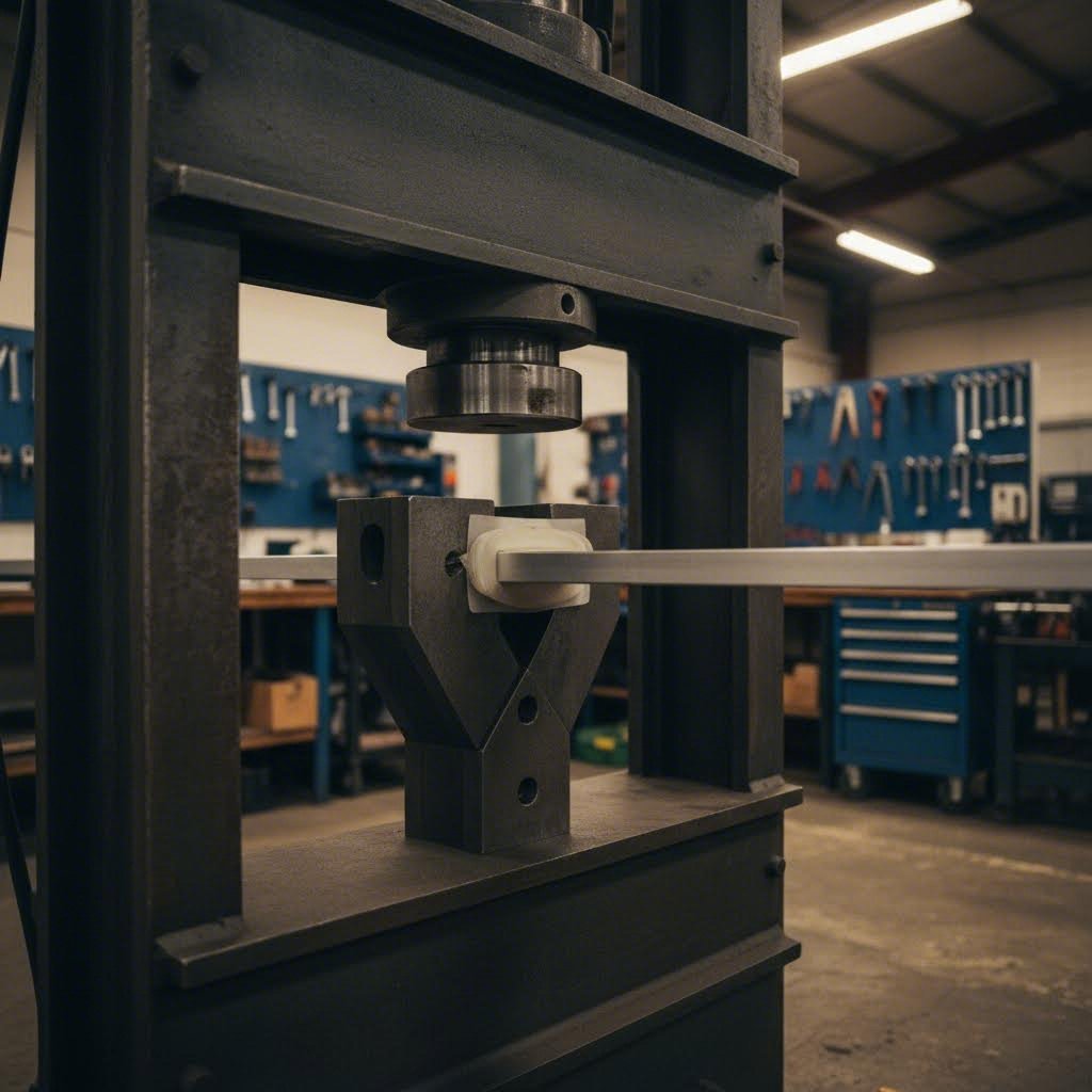 press straightening setup with protective pads and v block supports