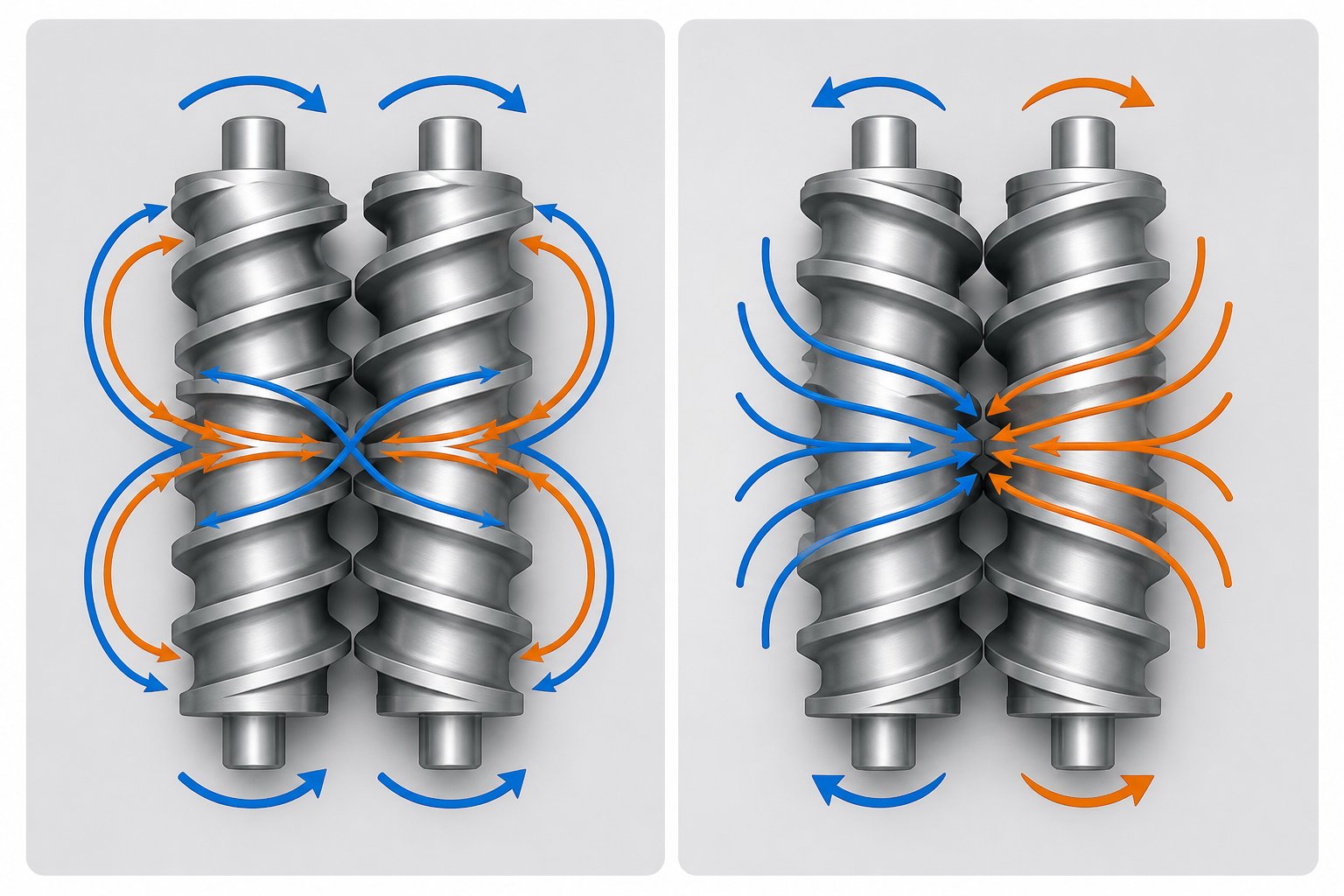 co rotating vs counter rotating twin screw flow patterns showing figure eight transfer and calendering mechanisms
