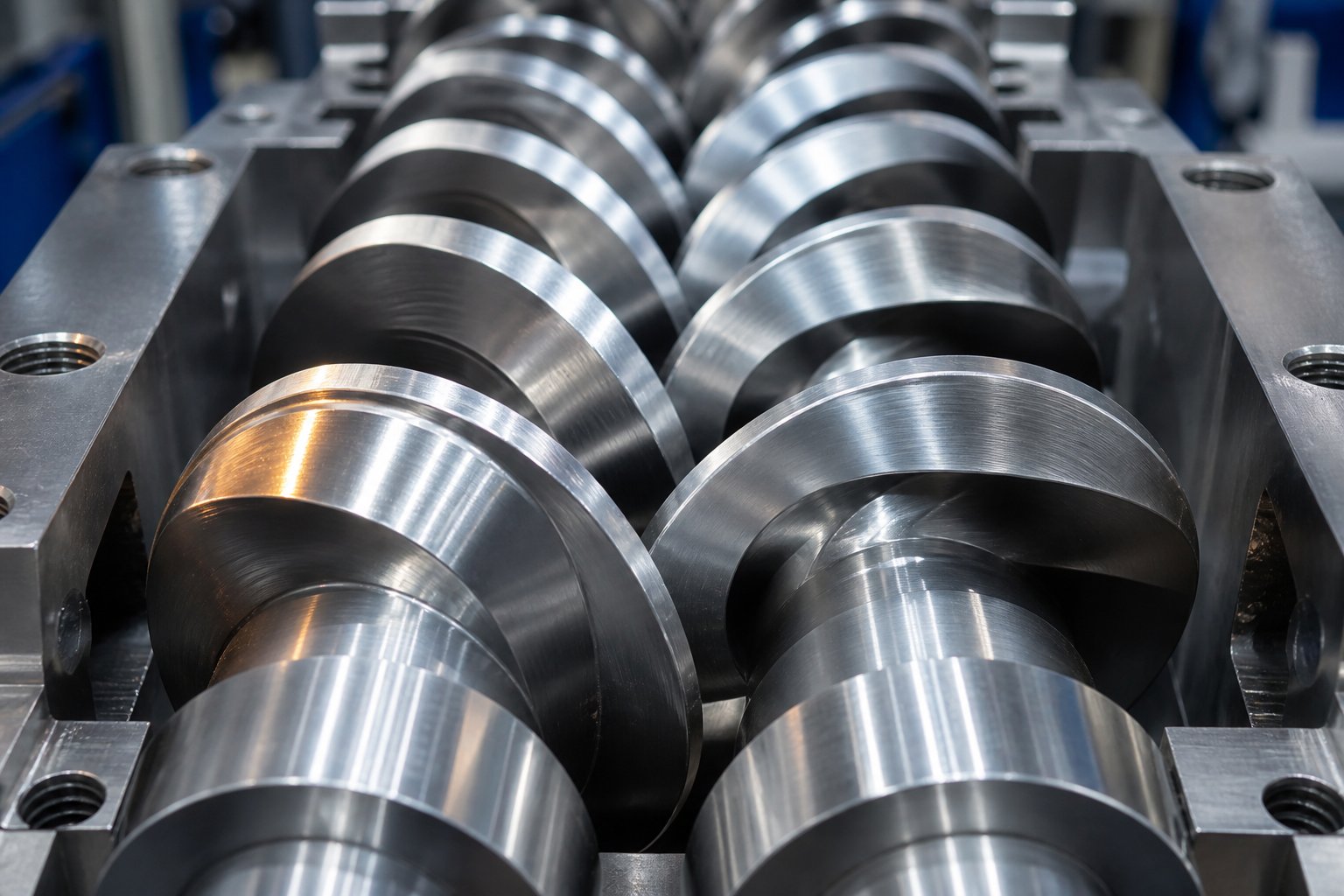 intermeshing twin screw extruder screws showcasing the precision geometry that design calculations define