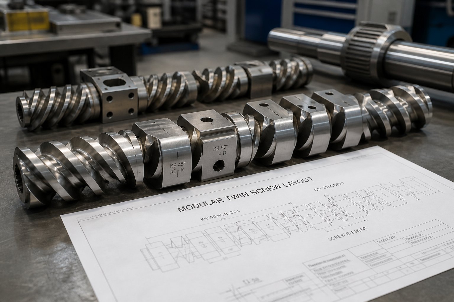 modular twin screw elements arranged for assembly representing the transition from design calculations to production ready configurations