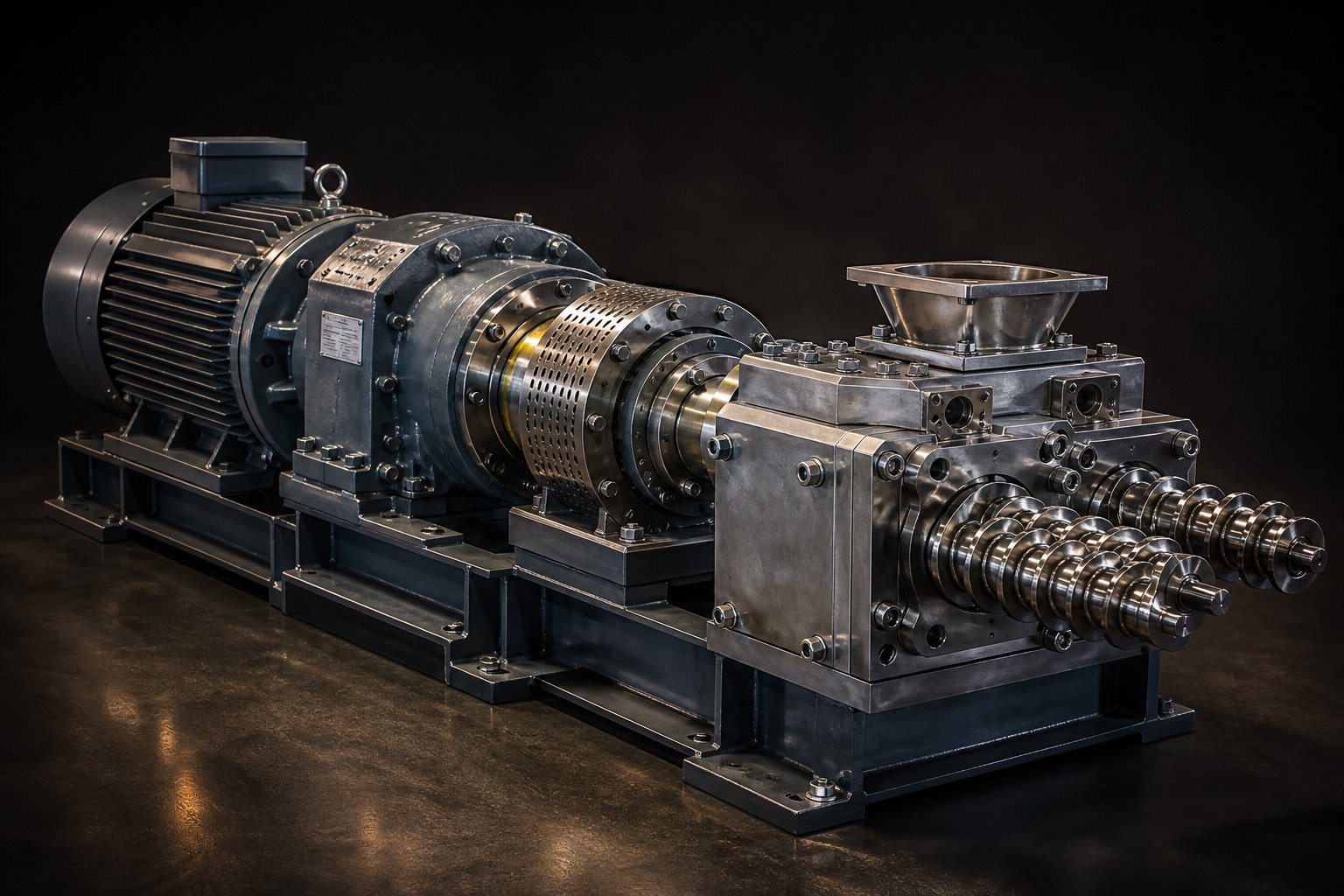 twin screw extruder drive system where motor power and torque transfer through the gearbox to the screw shafts