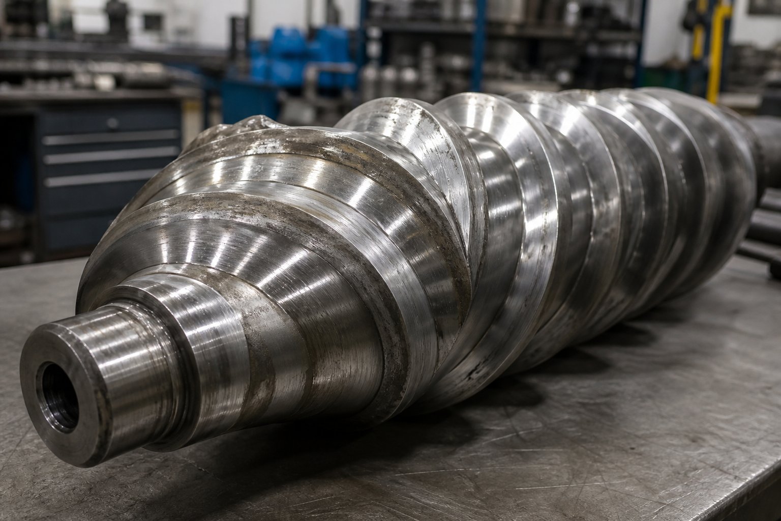 close up of a conical twin screw showing wear patterns along the tapered flight surfaces during maintenance inspection