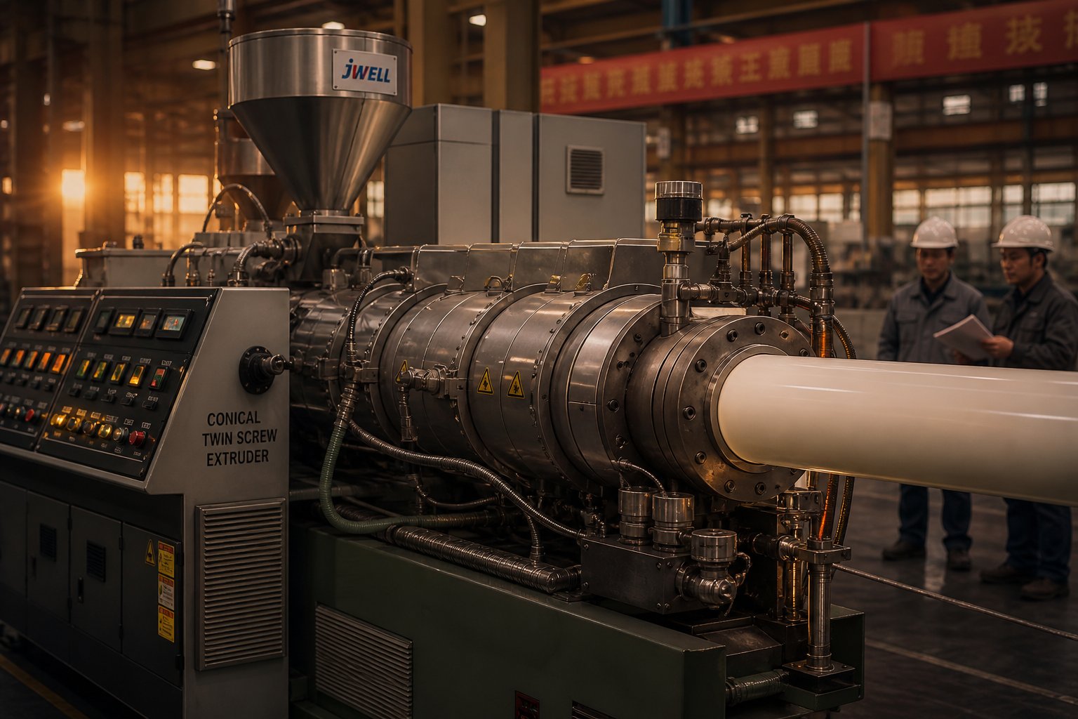 conical twin screw extruder producing pvc pipe on a dedicated extrusion line
